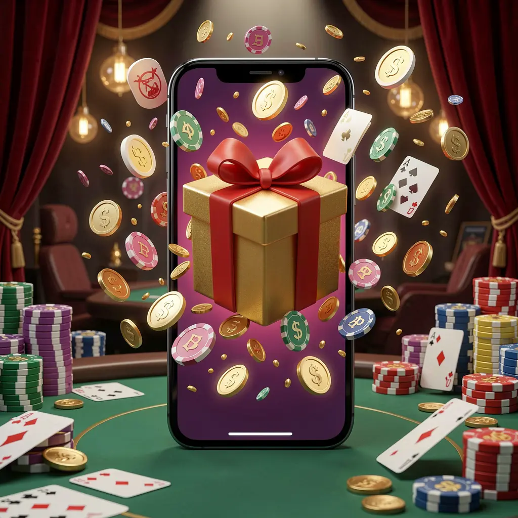 UDM 19 mobile casino bonus app concept showing a phone screen with a gift box and coins bursting out in a festive casino atmosphere