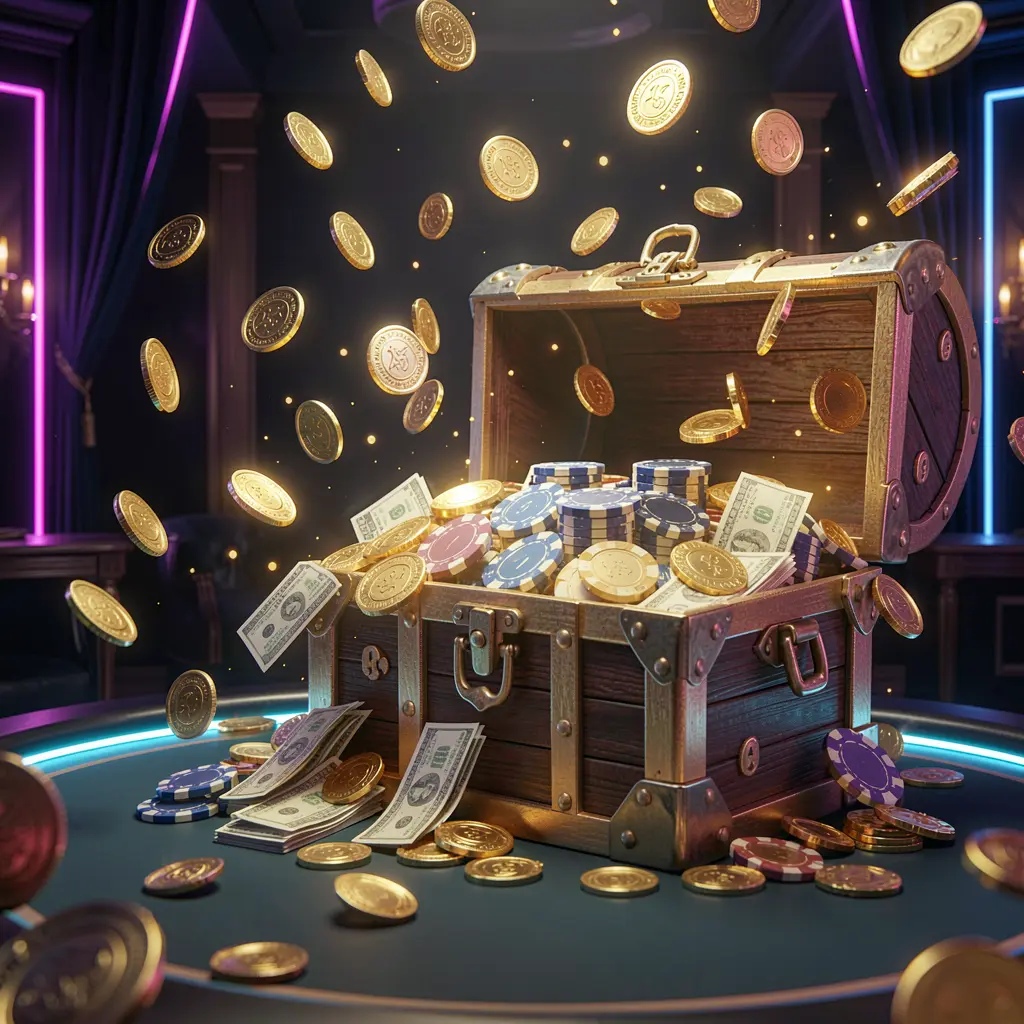A premium UDM 19 online casino bonus hero banner featuring golden coins flying in the air and a glowing treasure chest full of chips and cash against a luxury dark background with neon accents, creating a festive and elegant casino atmosphere with high detail and cinematic 3D realistic lighting