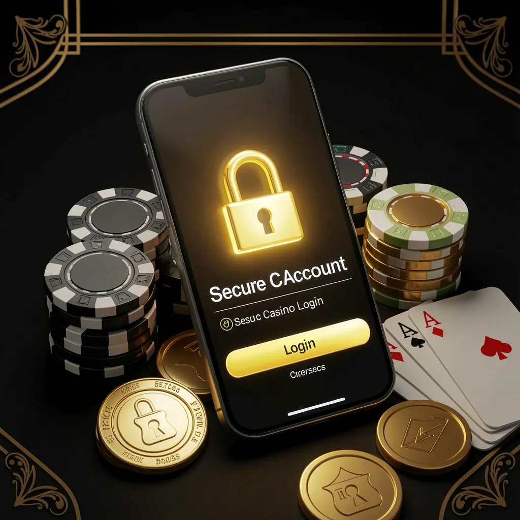 Secure casino account login concept featuring UDM 19 brand with a glowing lock icon on a smartphone screen, surrounded by poker chips, playing cards, and golden coins against an elegant black and gold background in a realistic 3D render