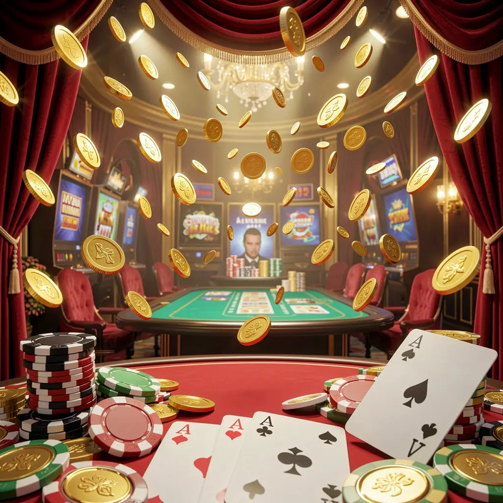 UDM 19 online gaming platform homepage banner featuring bright casino lights, golden coins raining, poker chips and playing cards in the foreground with a luxury red and gold atmosphere in a high detail 3D render